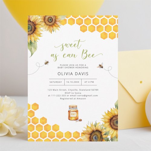 Sweet As Can Bee Honey Baby Shower Invitation