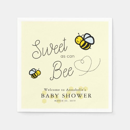 Sweet as can Bee Honey Bee Yellow Baby Shower Napkins