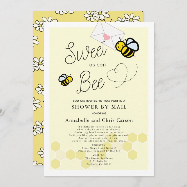 Sweet as can Bee Light Yellow Baby Shower By Mail Invitation (Front/Back)