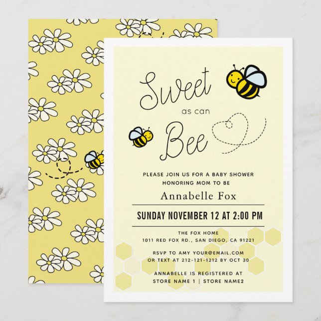 Sweet as can Bee Light Yellow Baby Shower Invitation (Front/Back)