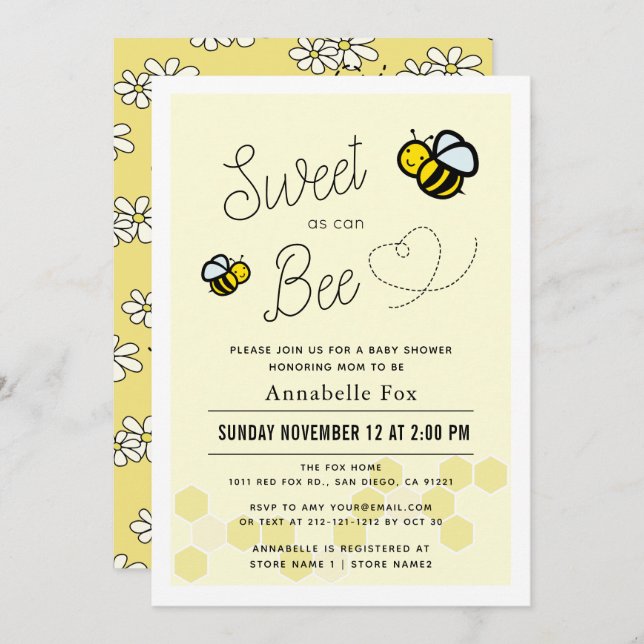 Sweet as can Bee Light Yellow Baby Shower Invitation (Front/Back)