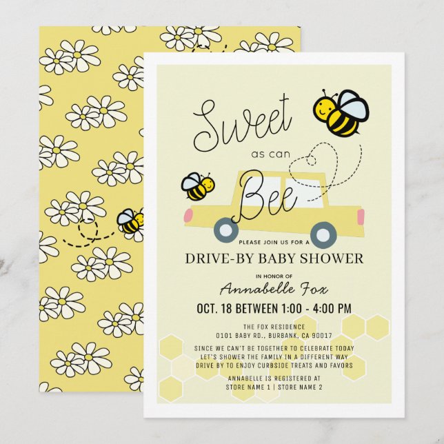 Sweet as can Bee Light Yellow Drive-by Baby Shower Invitation (Front/Back)