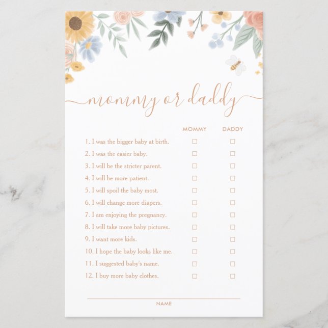 Sweet as Can Bee Mommy or Daddy Baby Shower Game (Front)