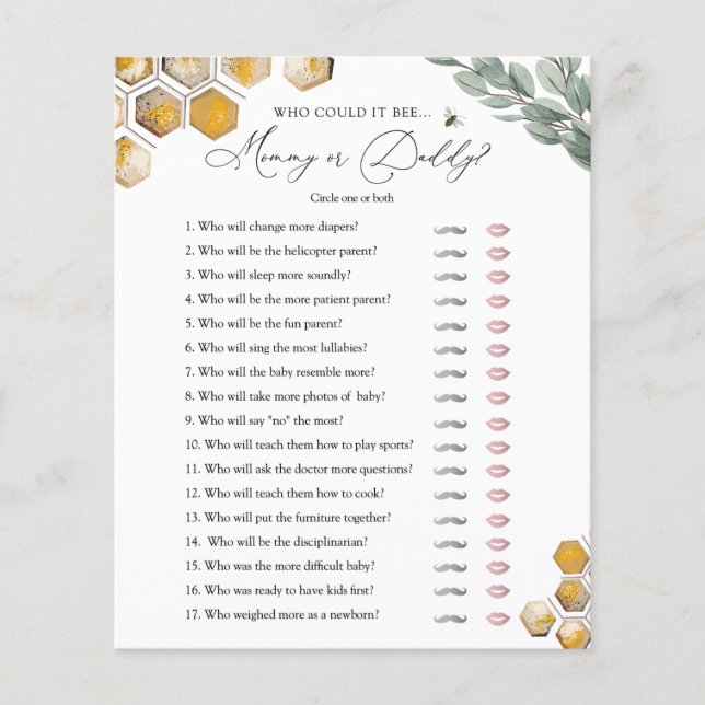 Sweet as Can Bee Mommy or Daddy Baby Shower Game (Front)