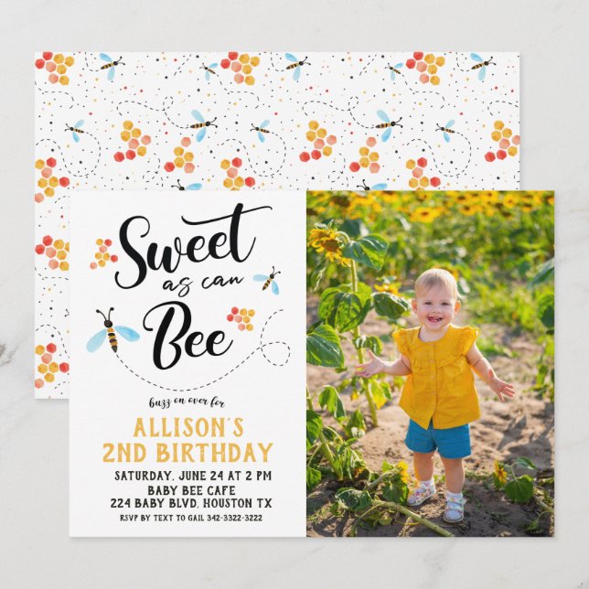 Sweet as can Bee Photo Birthday Invitation (Front/Back)