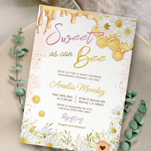 Sweet As Can Bee Pink Bumblebee Girl Baby Shower Invitation