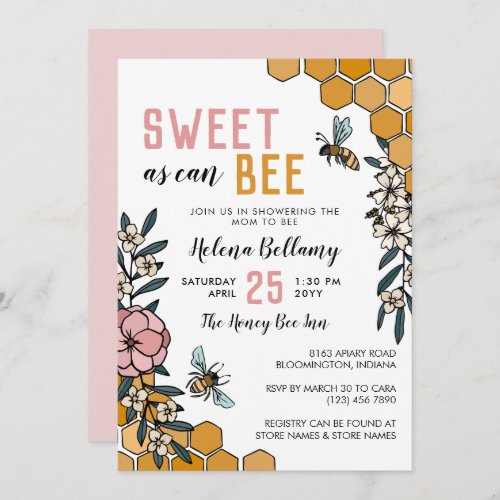 Sweet as can Bee Pink Floral Honey Baby Shower Invitation