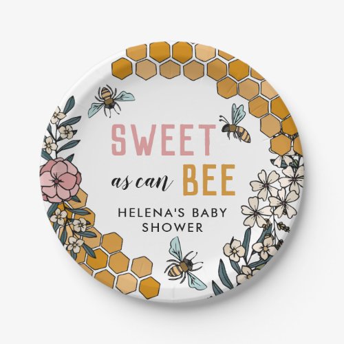 Sweet as can Bee Pink Floral Honey Baby Shower Paper Plates