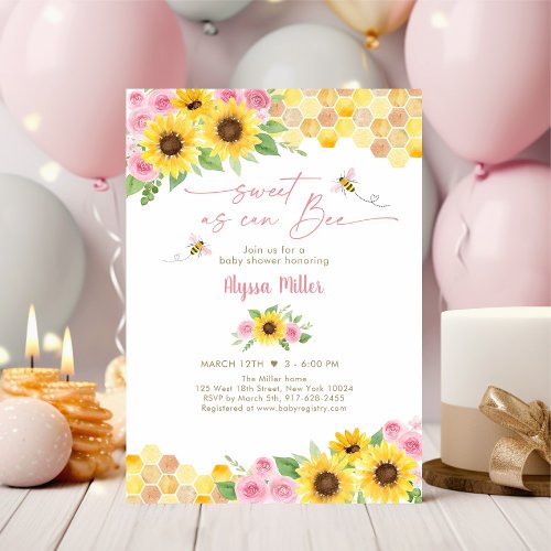 Sweet As Can Bee Pink Floral Sunflower Baby Shower Invitation
