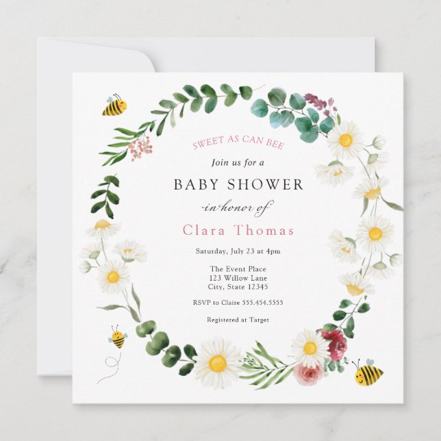 Sweet As Can Bee Pink Flower and Daisy Baby Shower Invitation (Front)