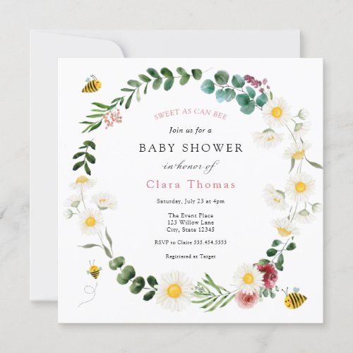 Sweet As Can Bee Pink Flower and Daisy Baby Shower Invitation