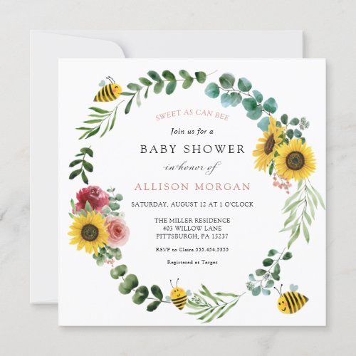 Sweet As Can Bee Pink Sunflower Baby Shower Invitation