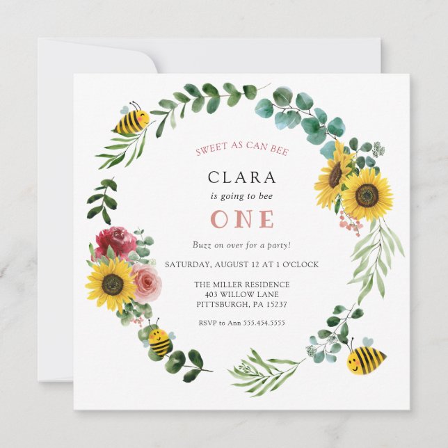 Sweet As Can Bee Pink Sunflower Birthday Invitation (Front)