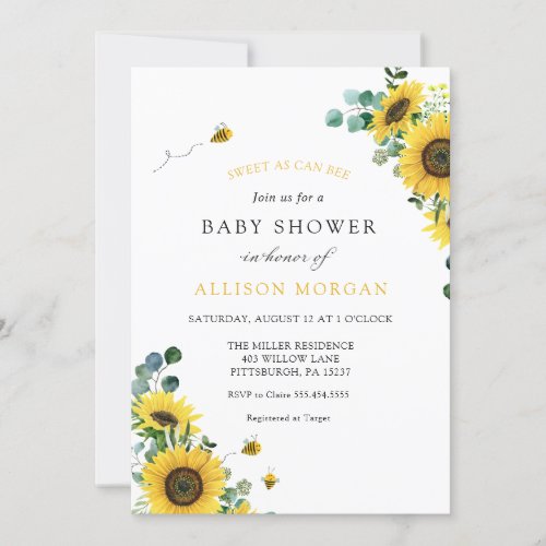 Sweet As Can Bee Sunflower Baby Shower Invitation