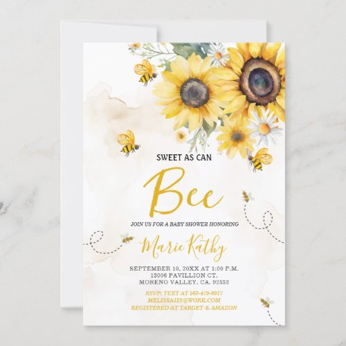 Sweet As Can Bee Sunflower Baby Shower Invitation