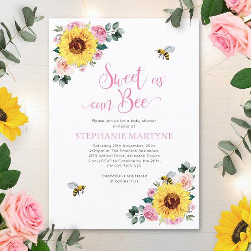 Sweet As Can Bee Sunflower Pink Baby Shower Invitation