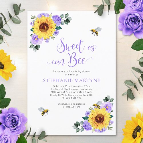 Sweet As Can Bee Sunflower Purple Baby Shower Invitation