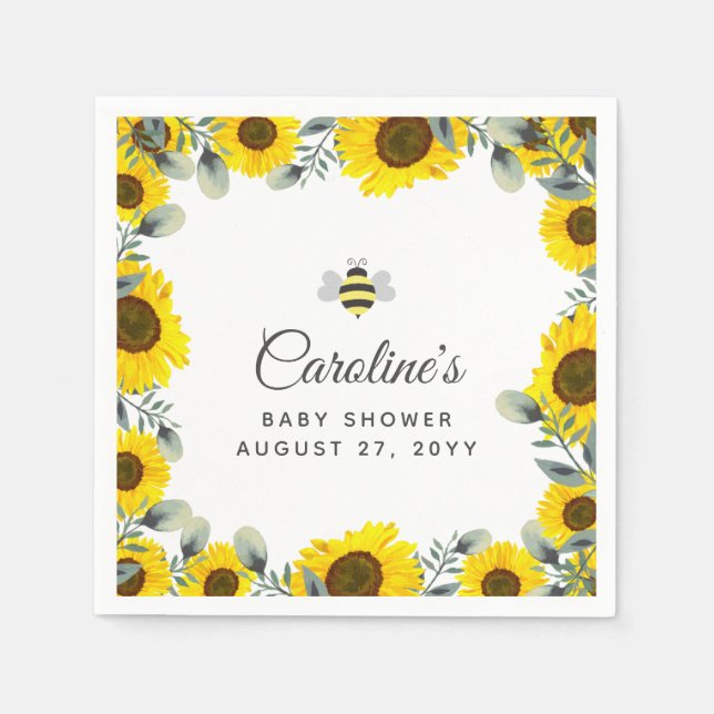 Sweet as can BEE Sunflowers Eucalyptus Baby Shower Napkins (Front)
