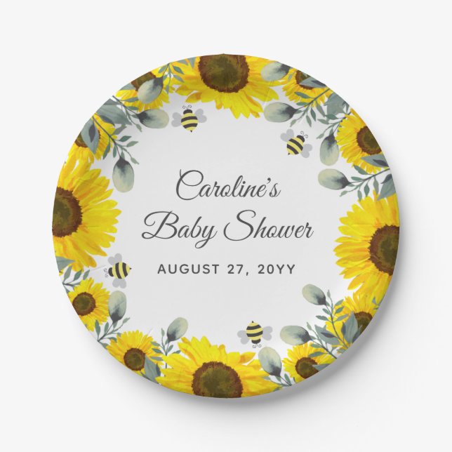 Sweet as can BEE Sunflowers Eucalyptus Baby Shower Paper Plates (Front)