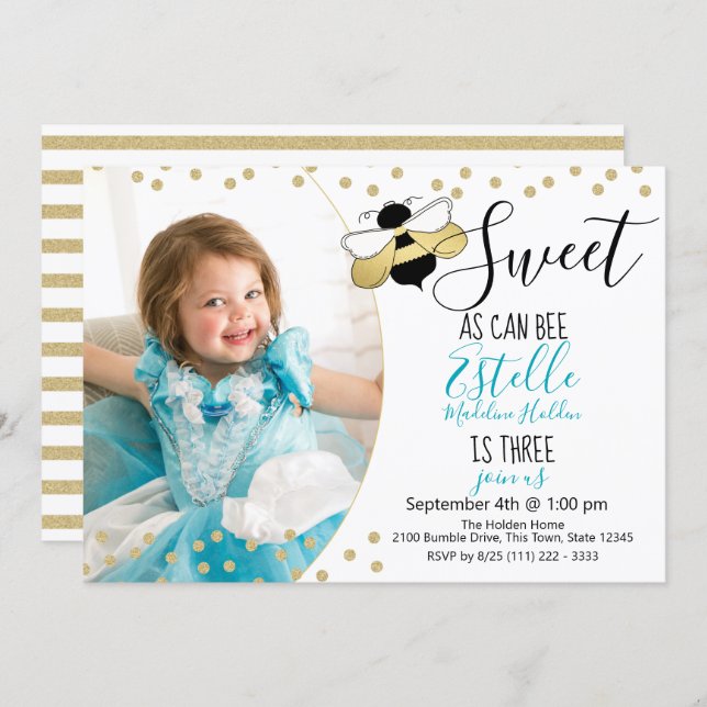 Sweet as can Bee Third Birthday Party Photo Invitation (Front/Back)
