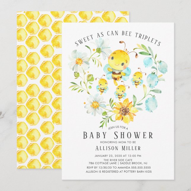 Sweet As Can Bee Triplets Baby Shower Invitation (Front/Back)