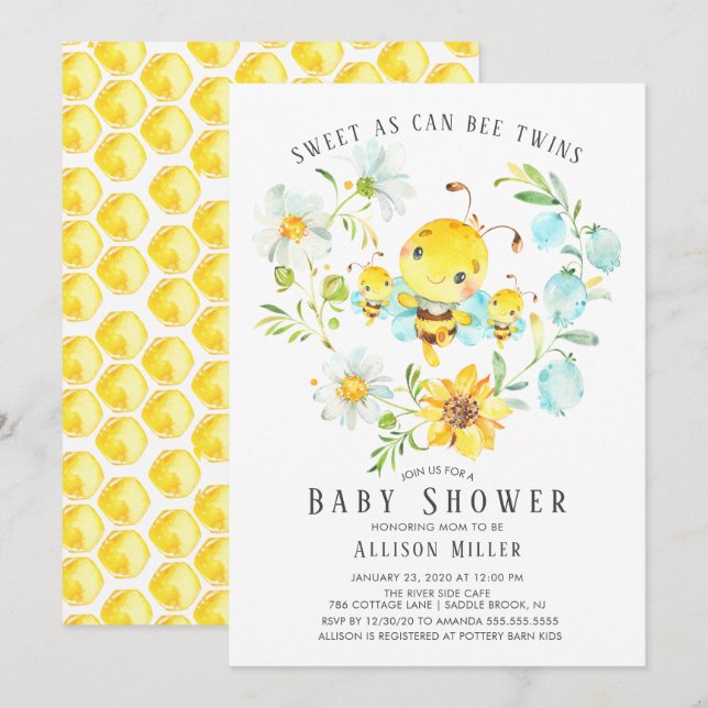 Sweet As Can Bee Twins Baby Shower Invitation (Front/Back)