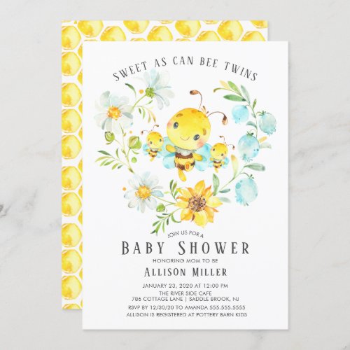 Sweet As Can Bee Twins Baby Shower Invitation