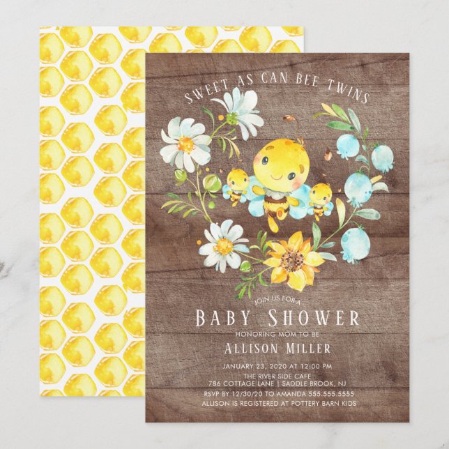 Sweet As Can Bee Twins Baby Shower Invitation (Front/Back)