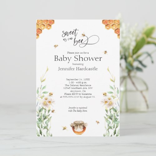 Sweet As Can Bee Watercolor Floral Baby Shower Inv Invitation