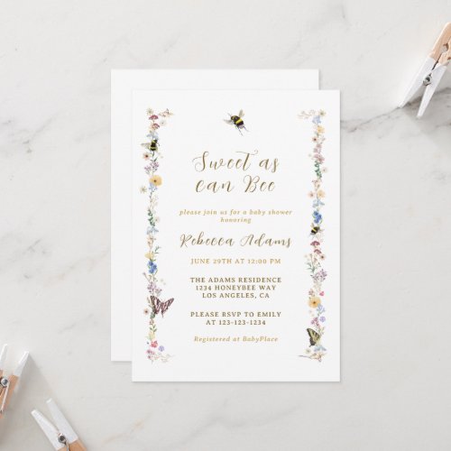 Sweet as can Bee Wildflower Baby Shower Invitation