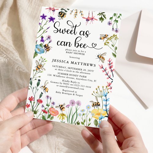 Sweet as can Bee Wildflower BumbleBee Baby Shower Invitation