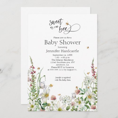Sweet As Can Bee Wildflower Floral Baby Shower Invitation