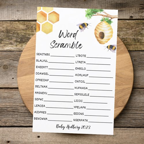 Sweet as can Bee_Word Scramble Baby Shower Game