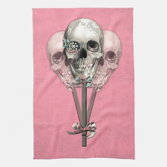 Sweet as Candy Lollipop skulls in pink. Kitchen Towel (Vertical)