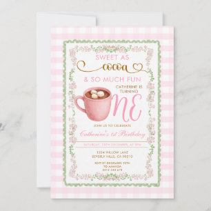Sweet as Cocoa Pink Gingham First Birthday Invitation