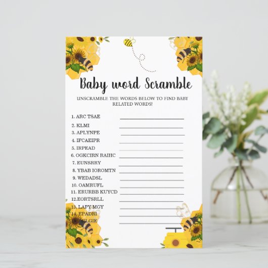 Sweet as it can bee word scramble baby shower game (Standing Front)