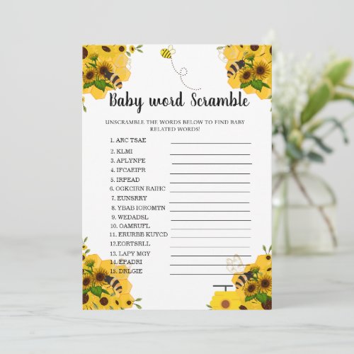 Sweet as it can bee word scramble baby shower game holiday card