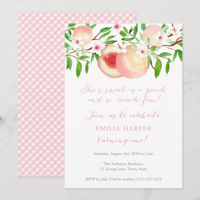 Sweet as Peach and so much fun 1st Birthday Party Invitation (Front/Back)