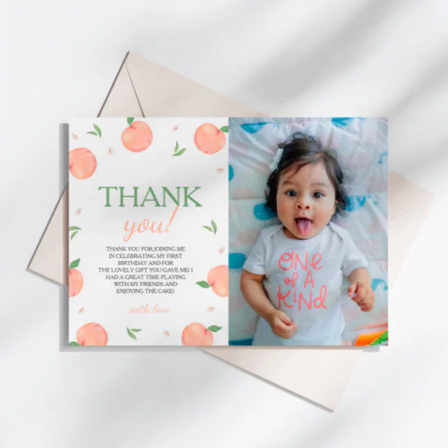 Sweet As Peach Birthday Photo Thank You Card | Zazzle