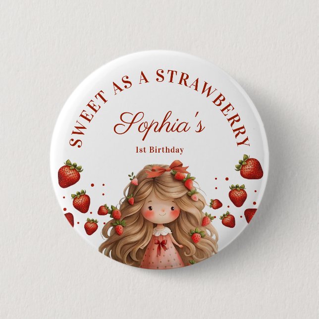 Sweet As Strawberry Girl Happy Birthday Party Button (Front)