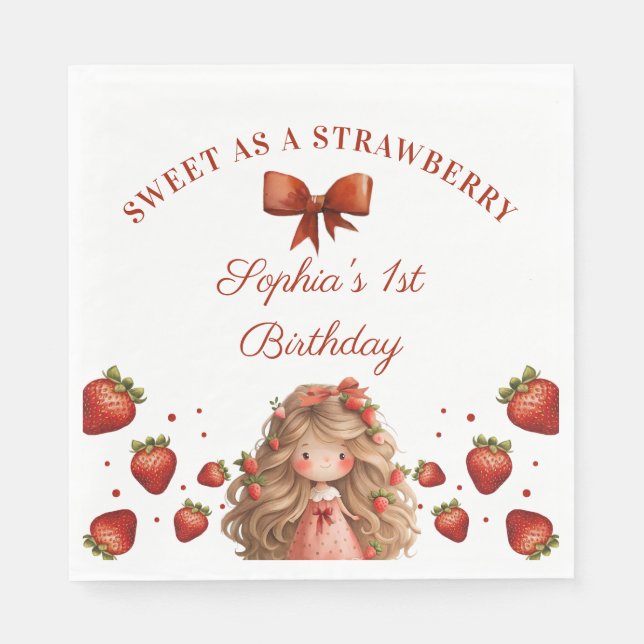 Sweet As Strawberry Girl Happy Birthday Party Napkins (Front)