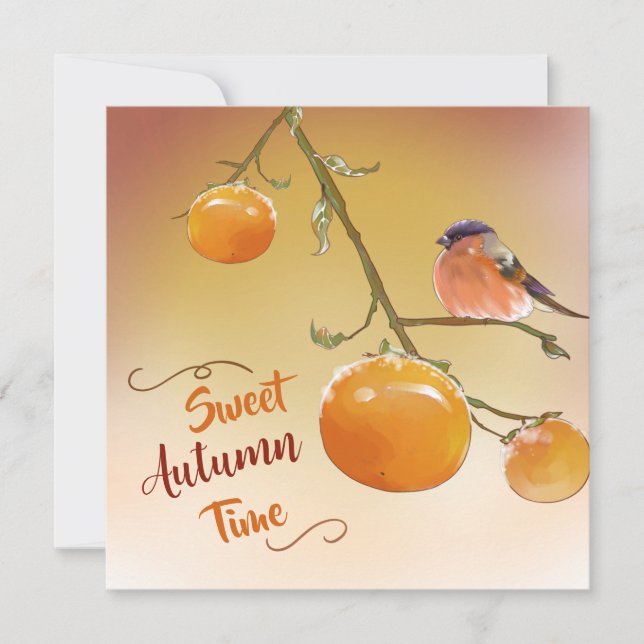 Sweet Autumn Cute Orange Persimmon Fruits & Bird  Card (Front)