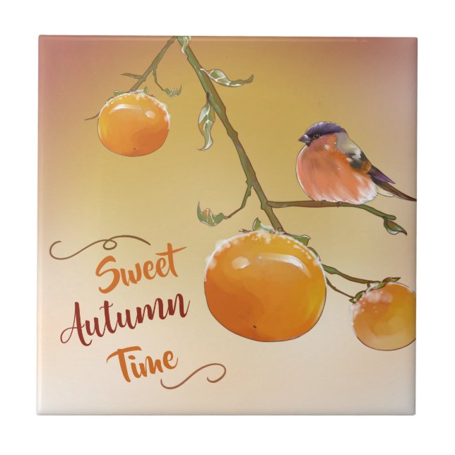 Sweet Autumn Cute Orange Persimmon Fruits & Bird  Ceramic Tile (Front)