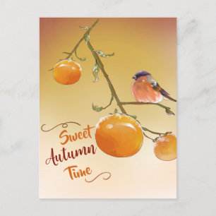 Sweet Autumn Cute Orange Persimmon Fruits & Bird  Postcard