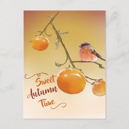 Sweet Autumn Cute Orange Persimmon Fruits  Bird  Postcard