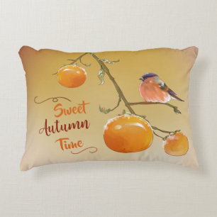 Sweet Autumn Orange Persimmon Fruits & Bird Accent Pillow