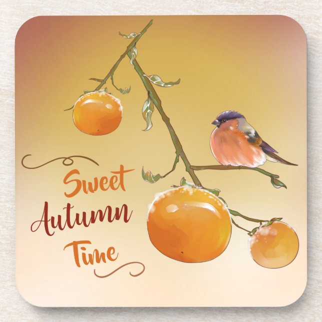 Sweet Autumn Orange Persimmon Fruits & Bird Beverage Coaster (Front)