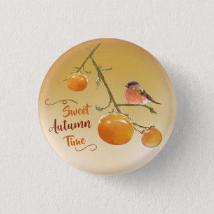 Sweet Autumn Orange Persimmon Fruits & Bird  Button