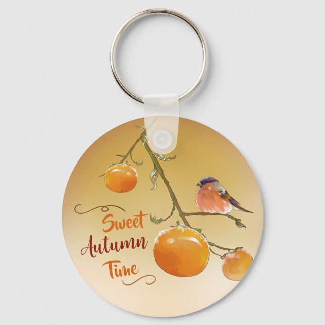 Sweet Autumn Orange Persimmon Fruits & Bird Keychain (Front)