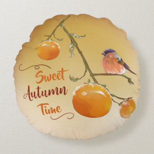 Sweet Autumn Orange Persimmon Fruits & Bird Round Round Pillow